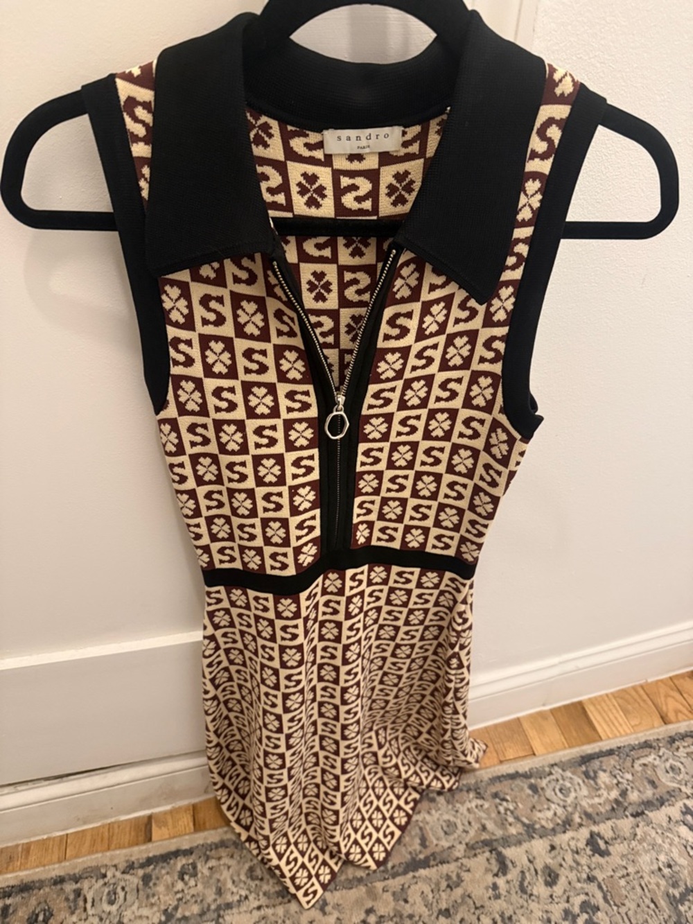 Sandro Burgundy & Cream Knit Zip Polo Dress